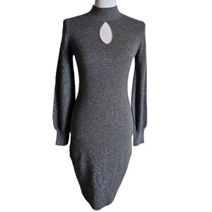 Vince Camuto Gray Ribbed Sweater Dress Sz S Keyhole Cut Out Bell Sleeve Bodycon